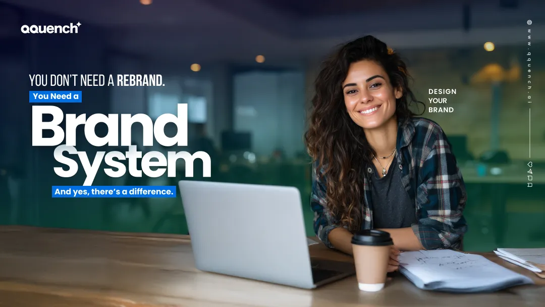 Striking white typography on dark background declares 'You don't need a rebrand. You need a brand system' with playful emphasis on 'And yes, there's a difference'.